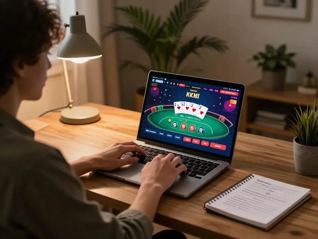 F168 player engaging in strategic online casino gaming, laptop displaying vibrant poker interface