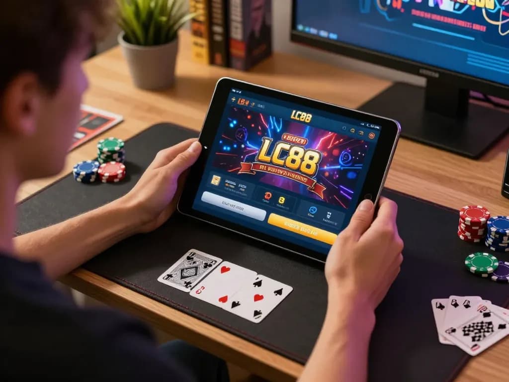 Engaging player using the LC88 casino app on tablet, colorful chips visible around, warm home atmosphere