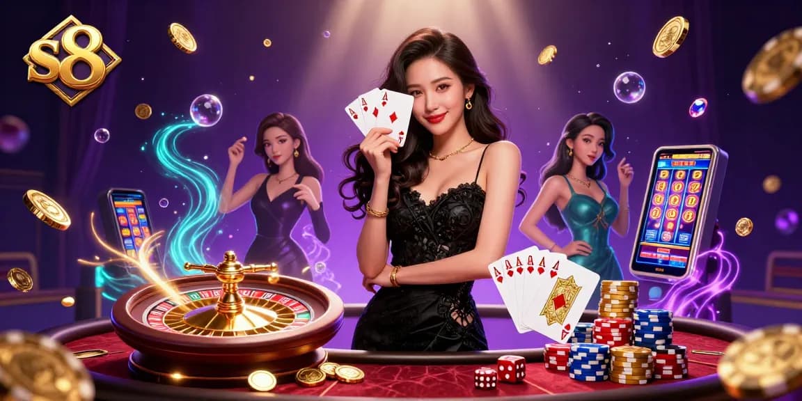 S8 casino players enjoying vibrant slot reels and poker games in a luxurious setting