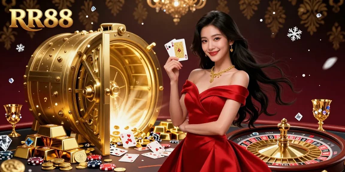 Experience thrilling gameplay at RR88 with stunning visuals of roulette and golden treasures.