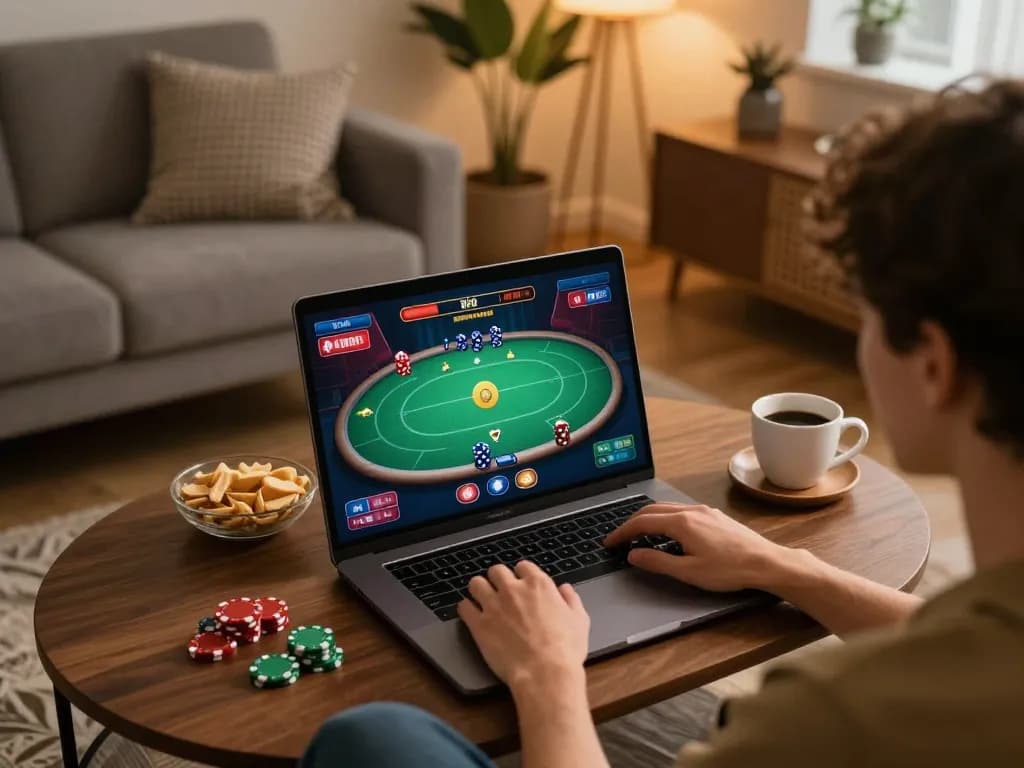 Engaging in online poker game on TG88 platform, cozy home setting.
