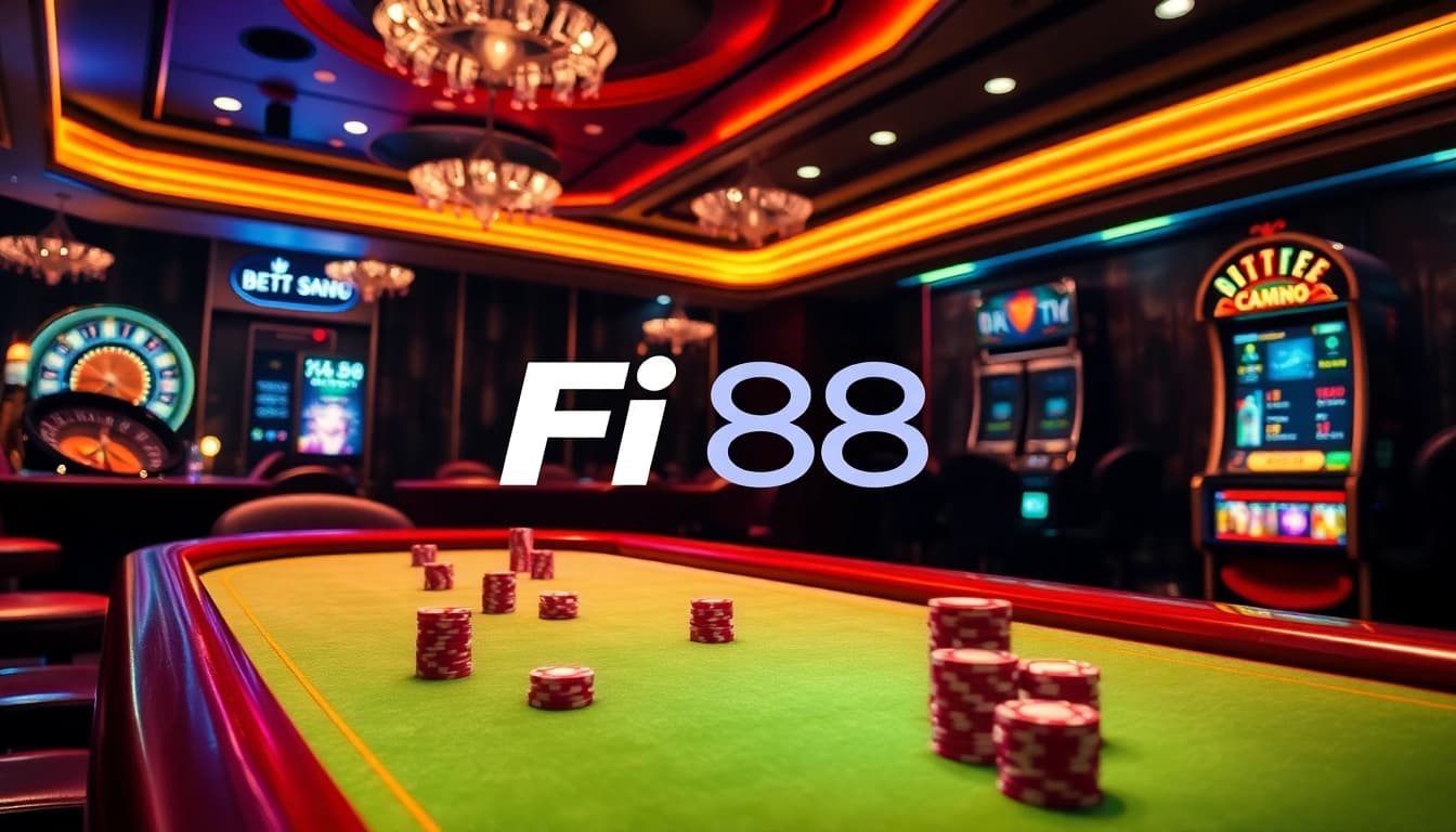 Engage in thrilling gameplay at Fi88's vibrant casino featuring poker chips and roulette.
