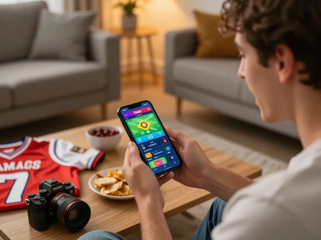 Exciting sports betting moment with uk88 mobile app in hand during thrilling live action.