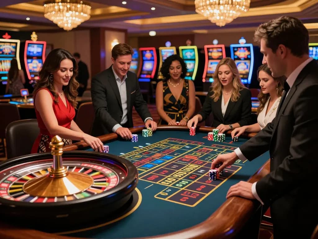 Exciting roulette gameplay on fly88 casino floor, players engaged with croupier spinning wheel.