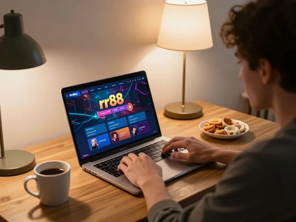 Player enjoying online rr88 gaming with laptop in cozy home setup, reflecting strategic entertainment