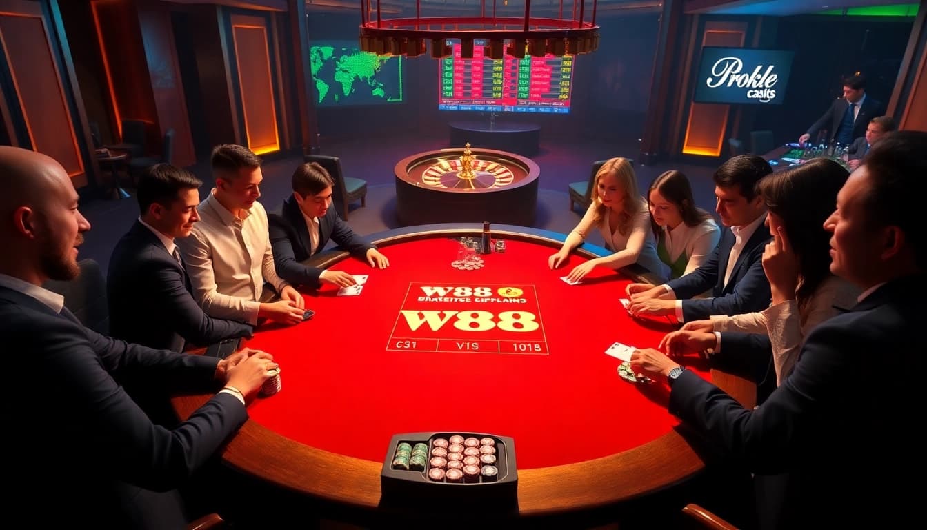 W88 poker players engage excitedly at a luxurious casino table with vibrant energy.