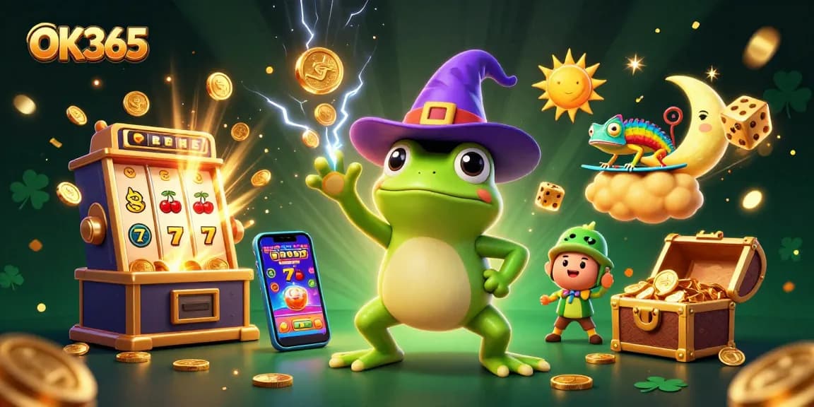 Win big at OK365 with colorful casino elements and vibrant character action in this dynamic illustration.