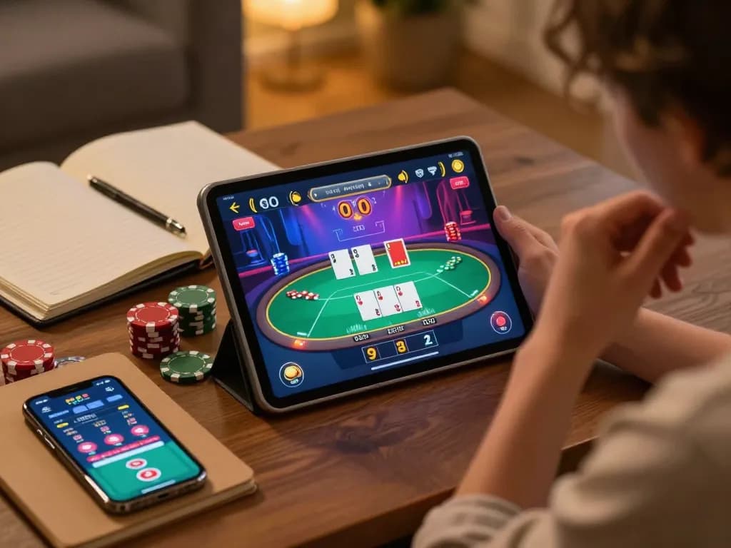 Go8 players engaging in strategic poker gameplay on a tablet in a cozy home setting
