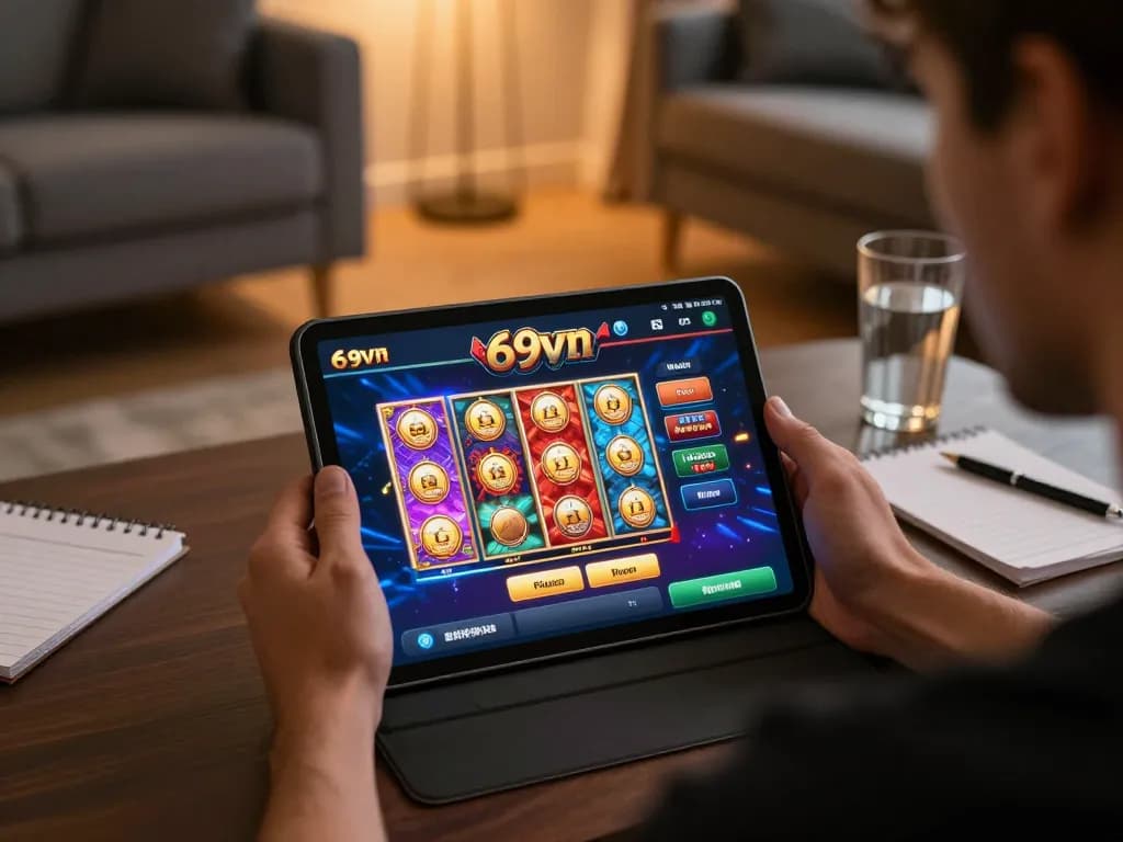 Engaging with the 69vn casino app live gaming session on a tablet at home, showcasing excitement in a cozy environment