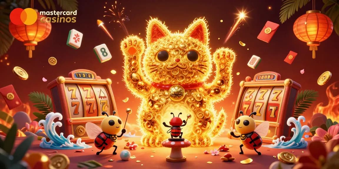 Experience the vibrant world of mastercard casinos with a lucky cat and lively casino symbols.