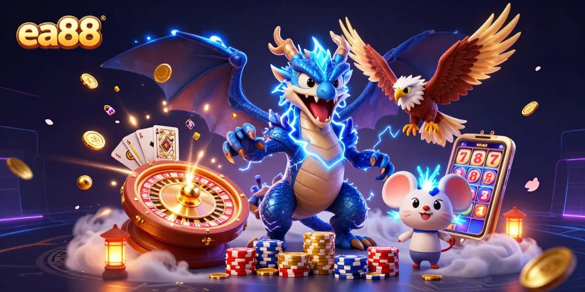 Experience thrilling wins with ea88; vibrant 3D dragon, hawk, and thunder mouse in a rich casino scene.