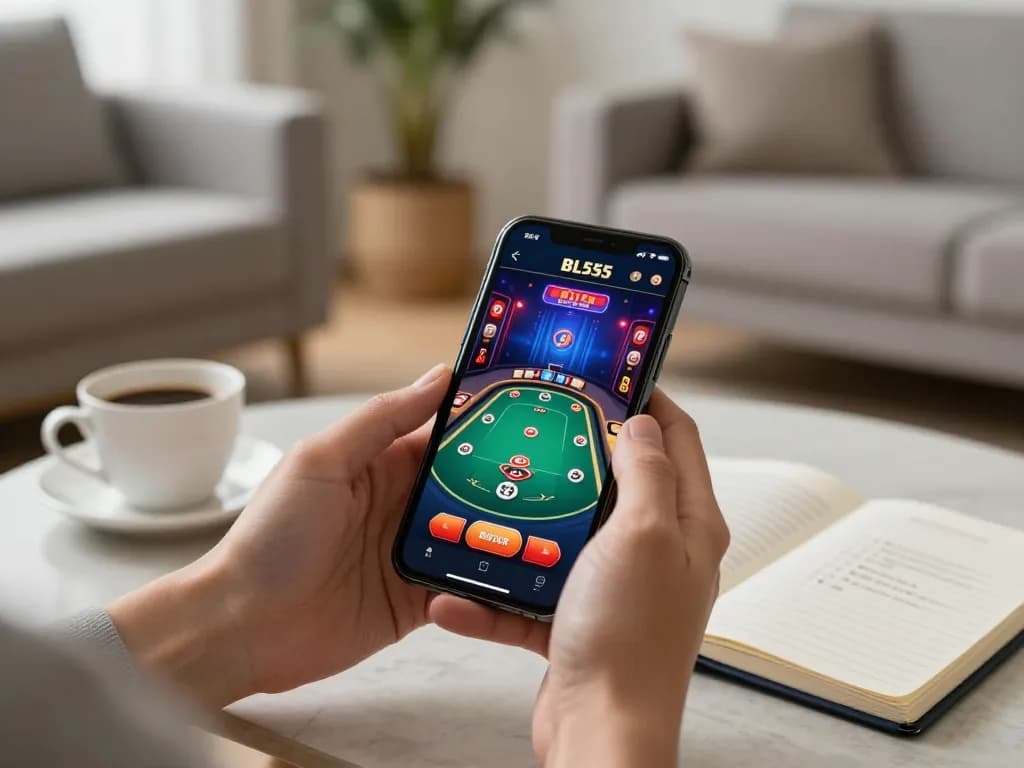 Player engaging with the BL555 casino app on smartphone amid a cozy gaming setup, emphasizing mobile gambling excitement.