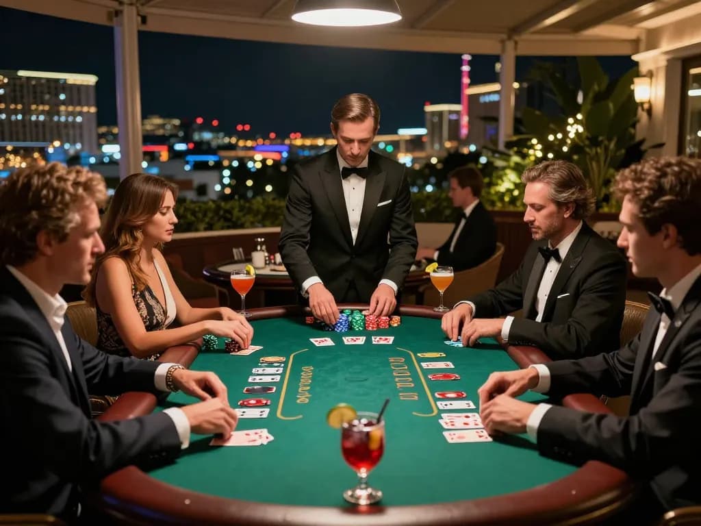 Win138 players competing in high-stakes blackjack game on a luxurious casino terrace