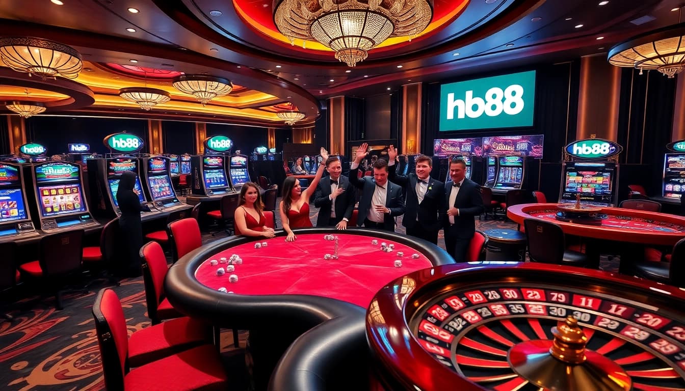 hb88 casino gamblers celebrating wins at vibrant slot machines and poker tables.