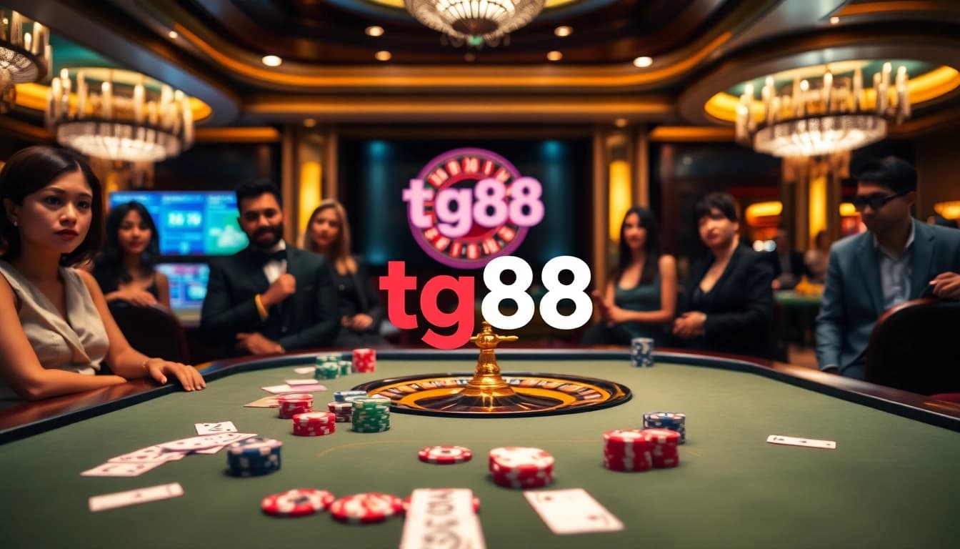 Engaging players at a luxury tg88 casino poker table surrounded by vibrant chips and cards.
