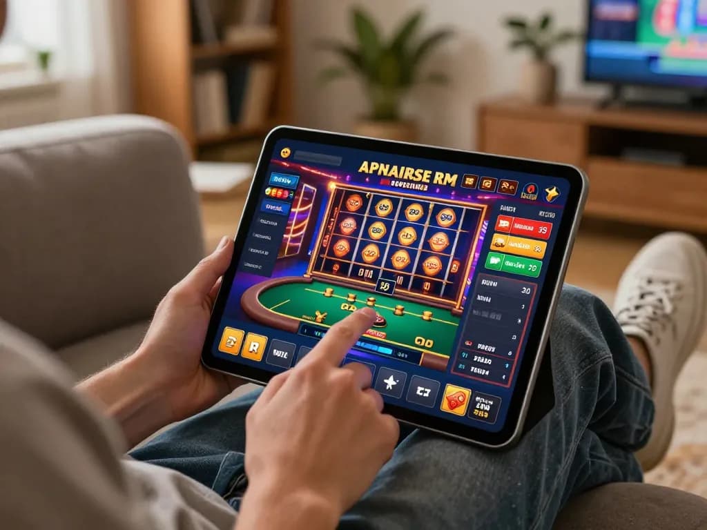 Sky88 player engaging with mobile casino app in a cozy living room, showcasing responsible gaming.