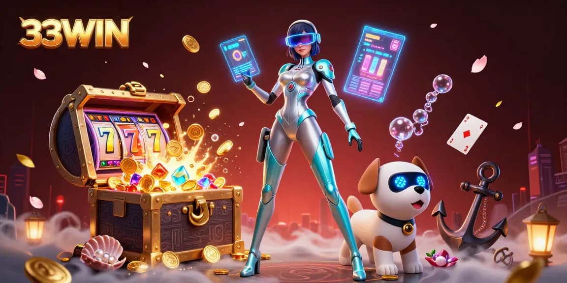 Engage with 33WIN's exciting gaming scene featuring vibrant characters and slot elements.