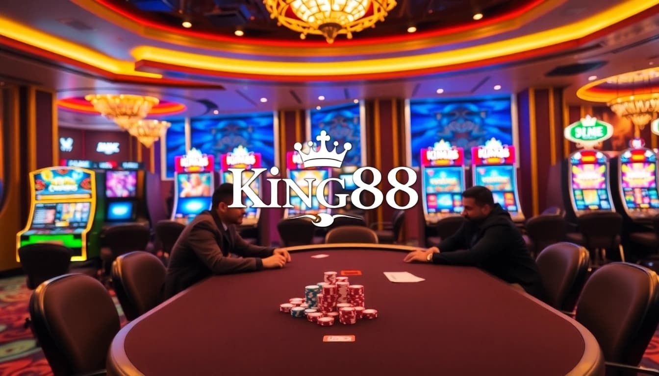 King88 casino scene featuring professional gamers at a poker table surrounded by vibrant gaming machines.