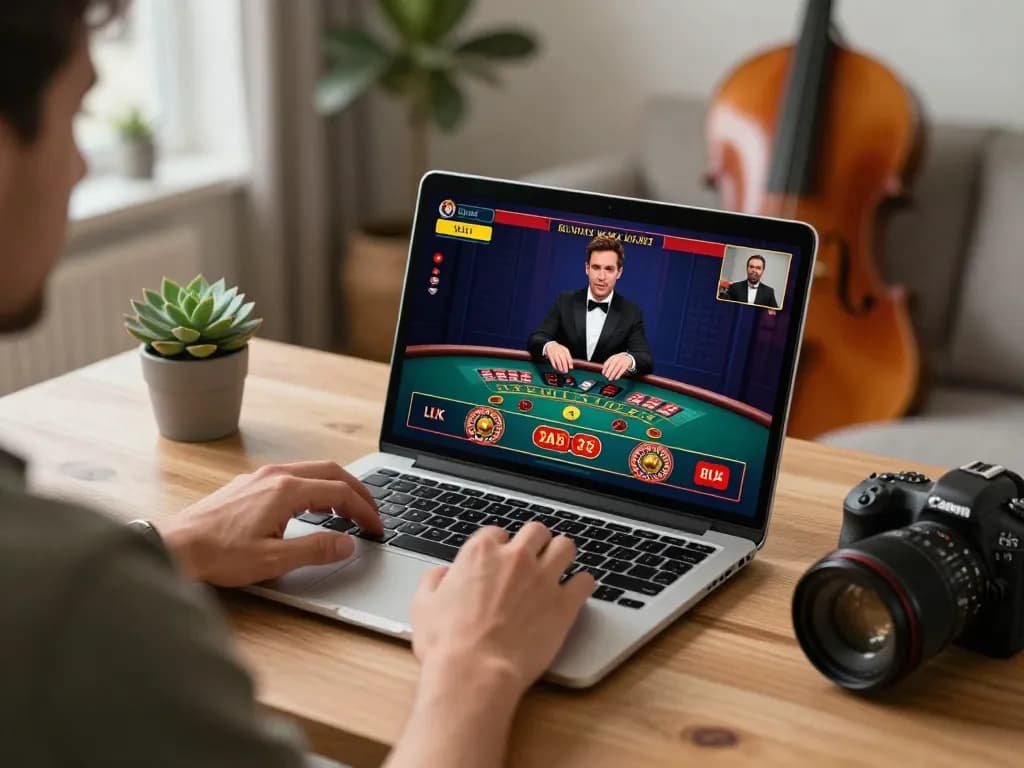 Engaging player betting on live dealer games on https://tx88at.com/ in a stylish home office setting.