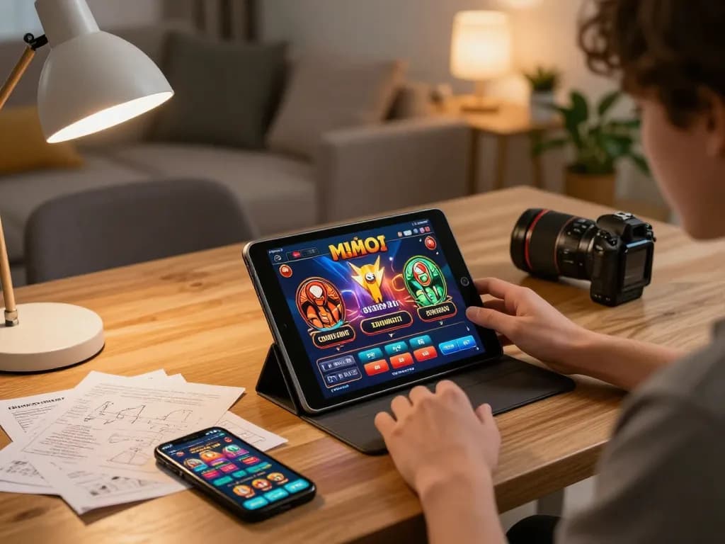 Player enjoying mobile gaming on TR88 app amid a cozy setup with tablets and notes.
