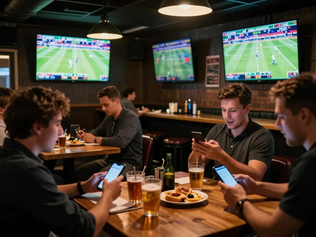 Betflix users placing bets on mobile devices while enjoying the lively atmosphere of a sports bar