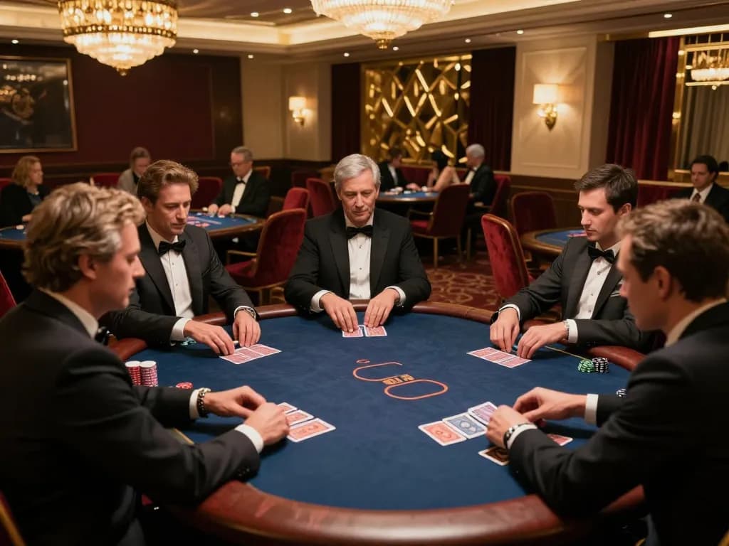 Players engage in strategic card play at https://da88at.com/ casino poker tables in a luxurious setting.
