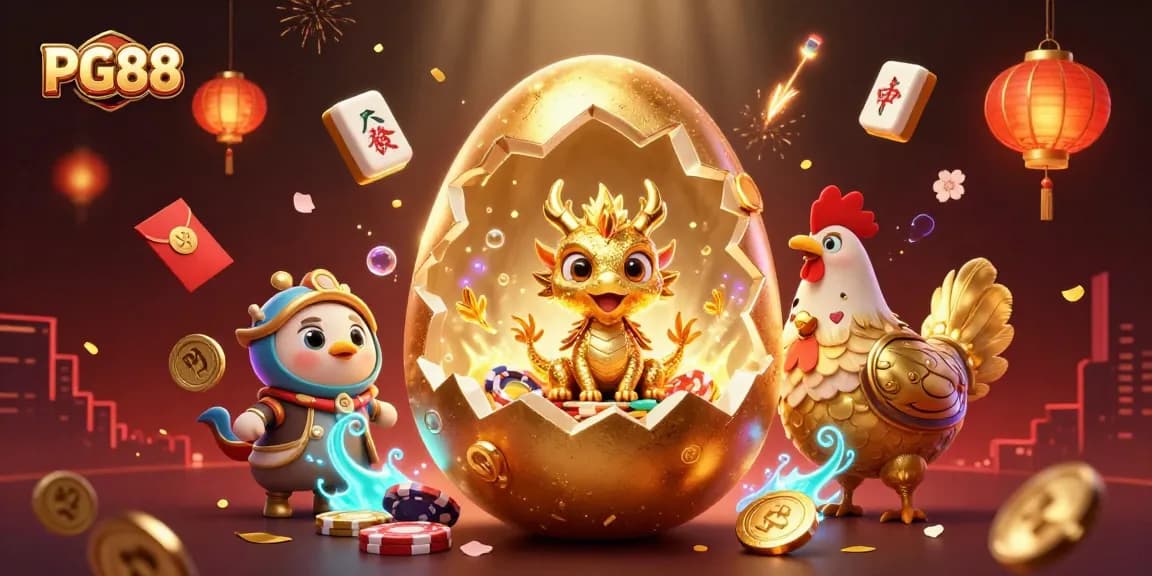 Experience thrilling wins at PG88 with a dazzling golden dragon and poker chips amidst vibrant casino elements.