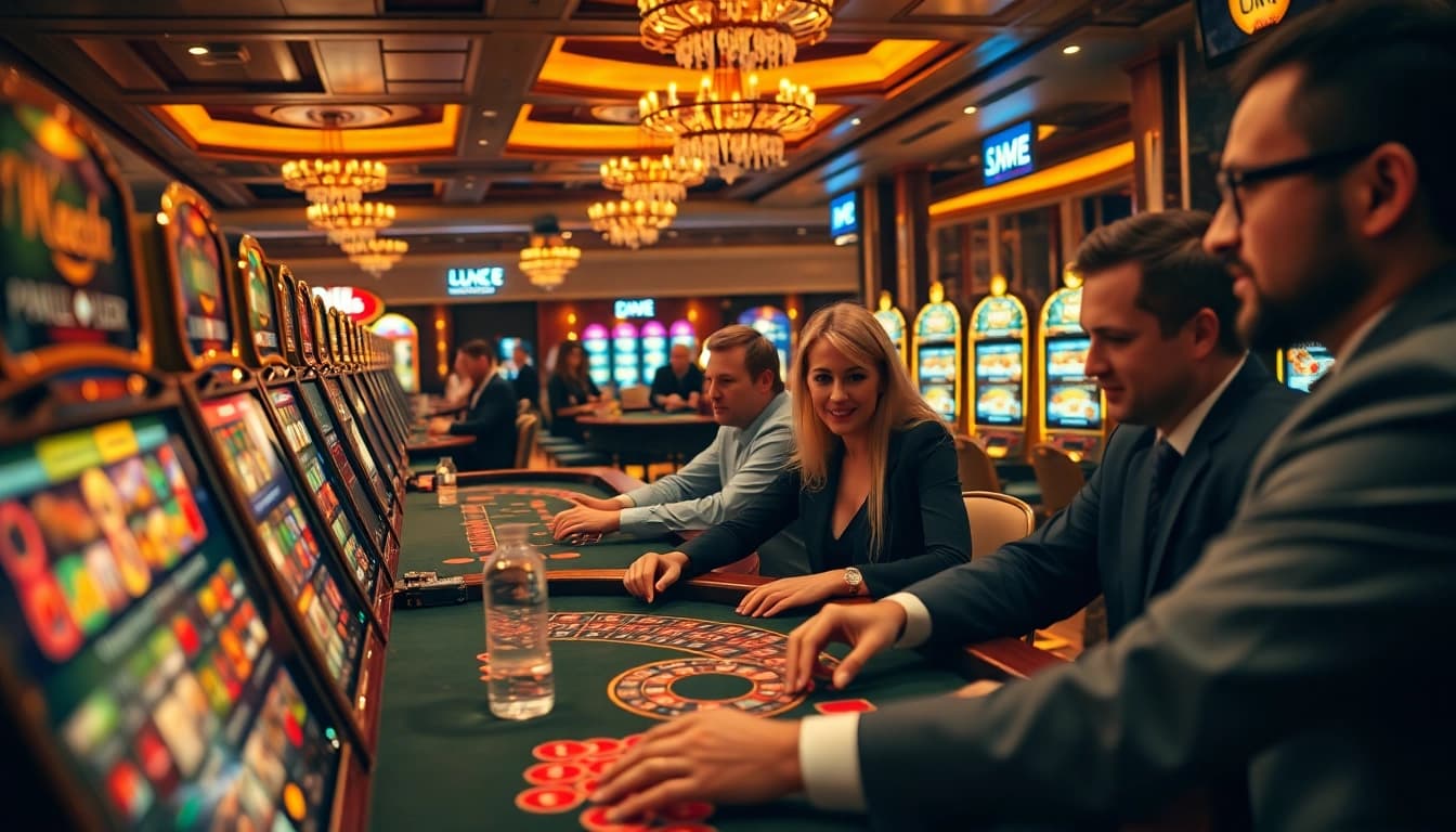 LUCK8 casino scene showing players intensely engaged at poker and roulette tables, illuminated by vibrant slot machines.