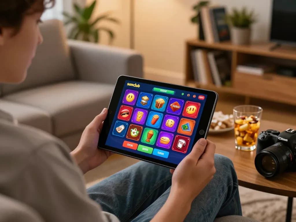 Engaging online gaming with sumclub app on tablet, showcasing a cozy home atmosphere.