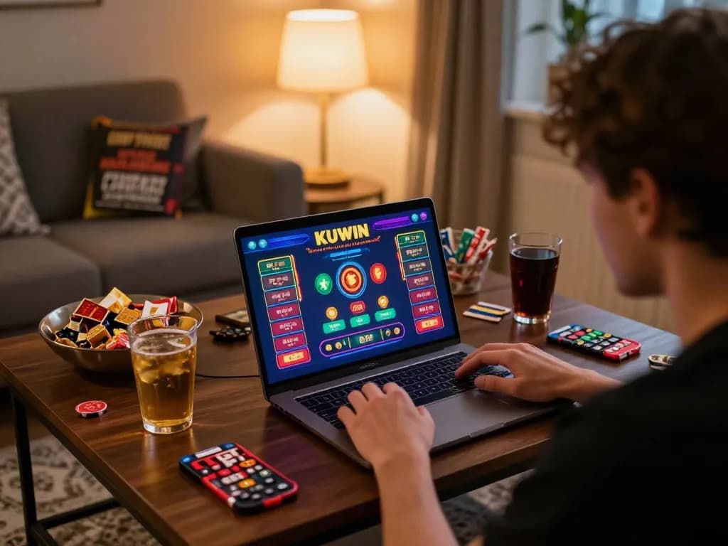 Kuwin player enjoying live dealer games on a cozy home setup with engaging atmosphere