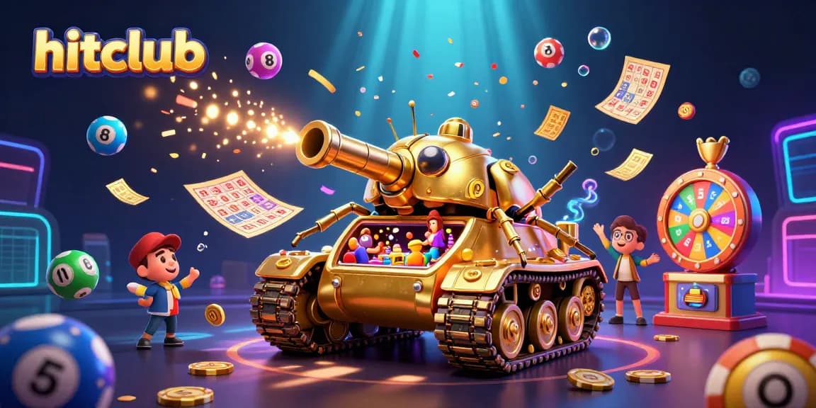 Engage with hitclub's vibrant casino atmosphere filled with lively patrons and festive elements.