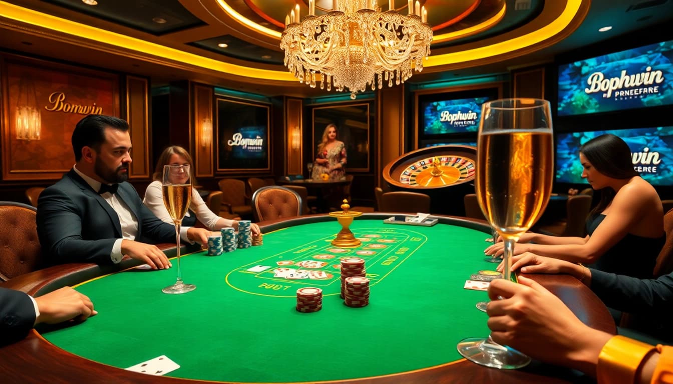 Bomwin poker table scene with colorful chips and professional players in an upscale casino.
