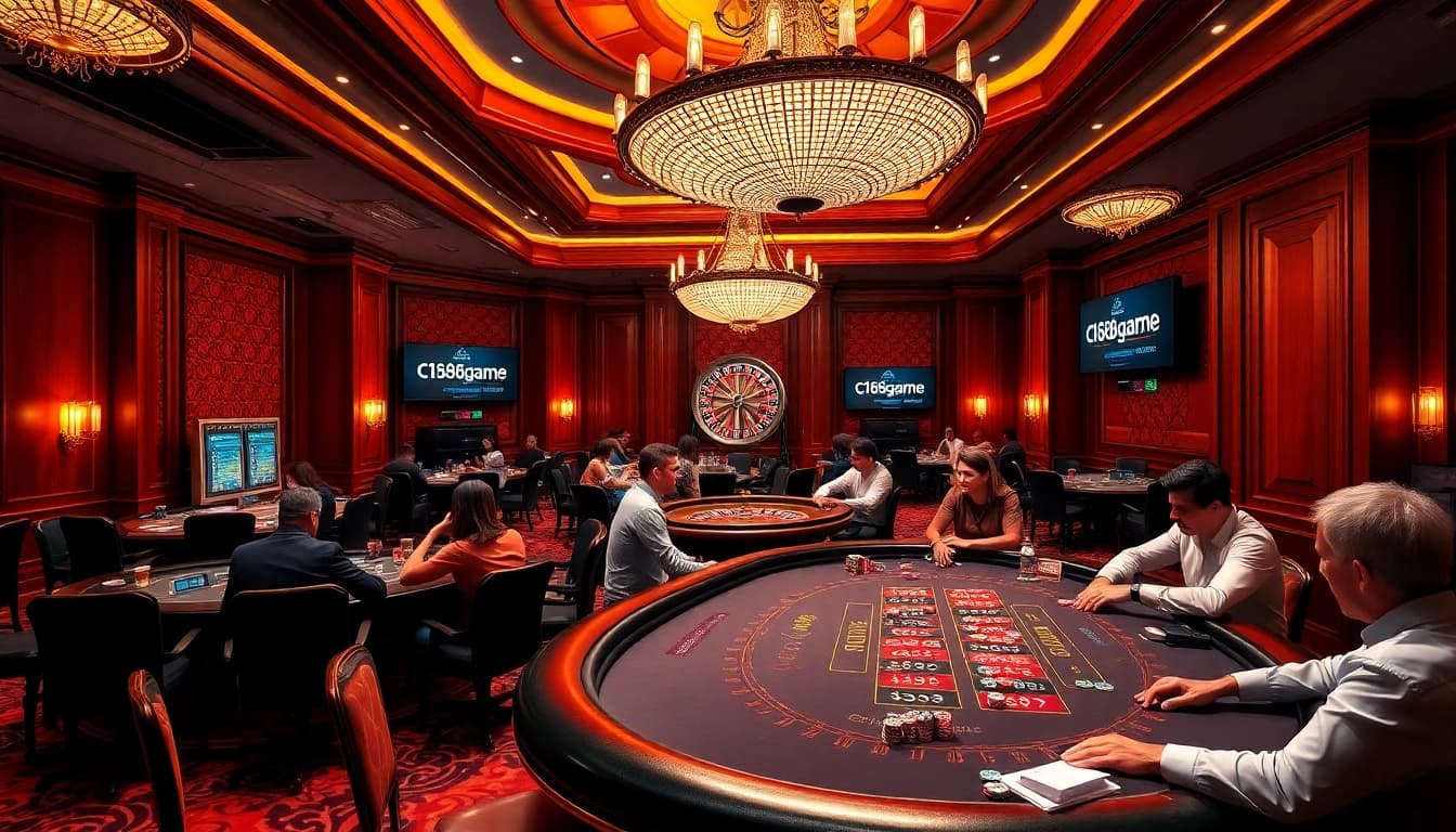 Experience the excitement of gambling at https://c168game.com/ with players engaged in intense poker action in a luxurious casino setting.