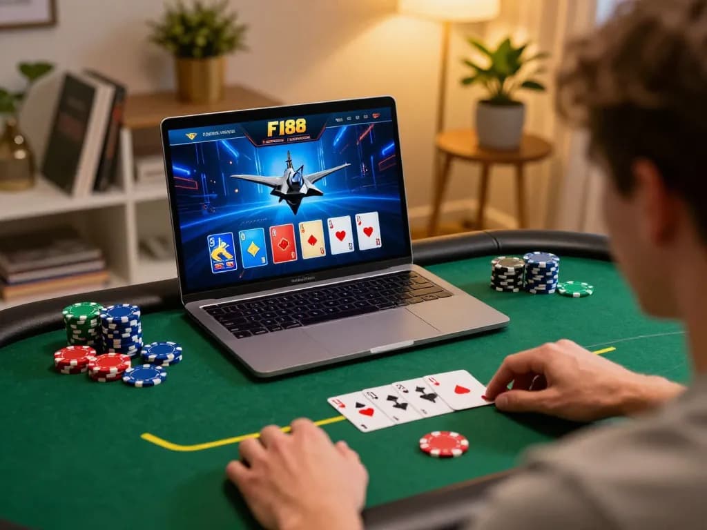Playing an intense hand of poker on the F168 online casino platform from a cozy home setup