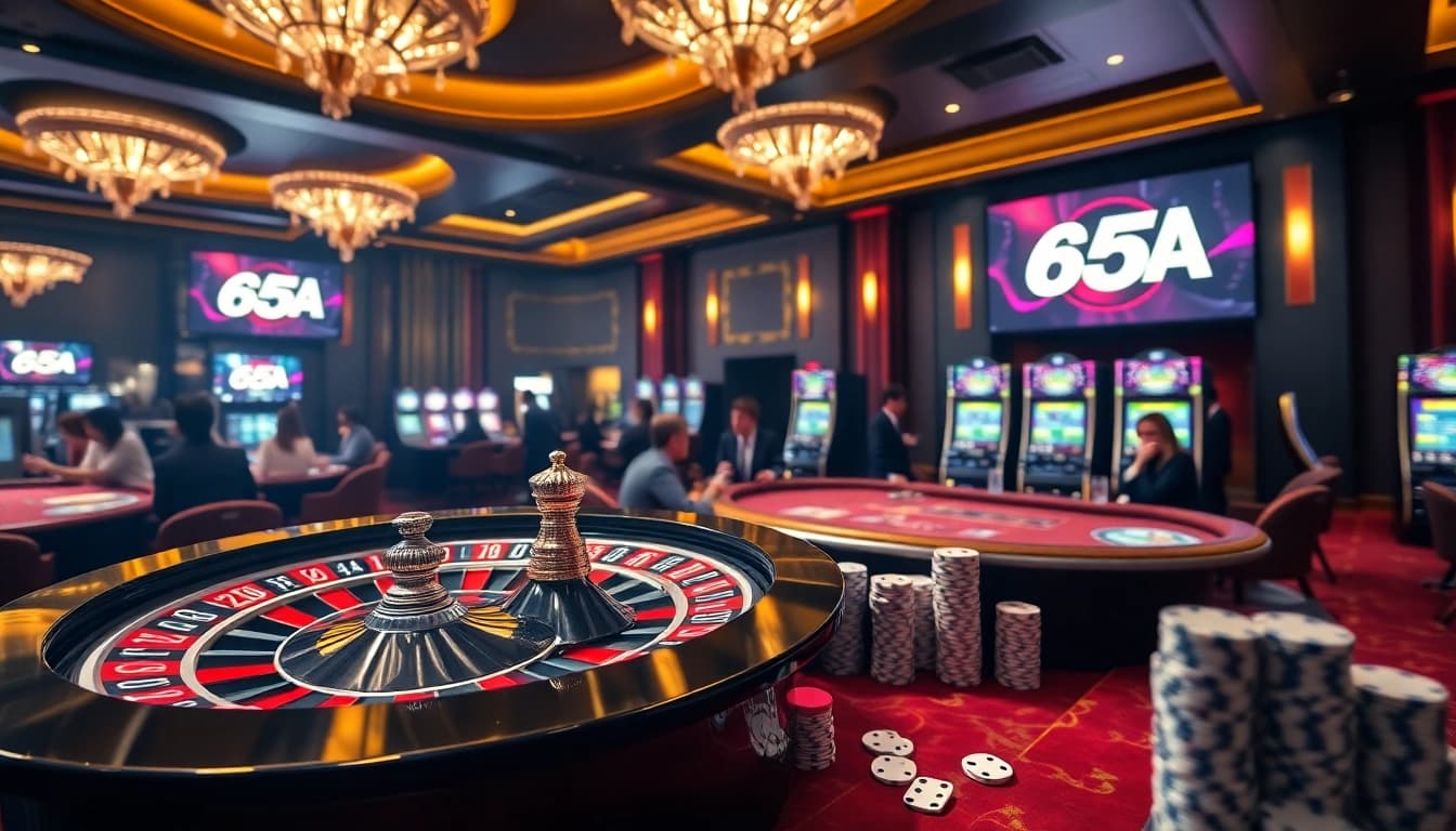 Players enjoying a thrilling gaming experience at 65A's stunning online casino, featuring vibrant roulette wheels and poker chips.