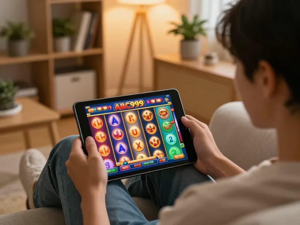 Player enjoying interactive slots on ABC999 while relaxing at home in a cozy setting.