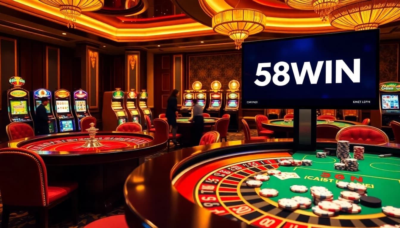 Experience the thrill of 58WIN's dynamic casino action with roulette and slot machines in a luxurious setting.