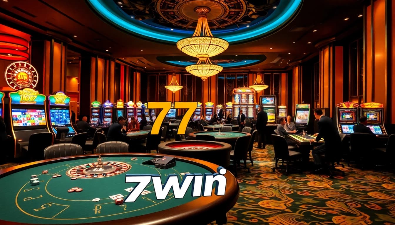 Experience the vibrant excitement of 77win's casino with gaming tables and slot machines.