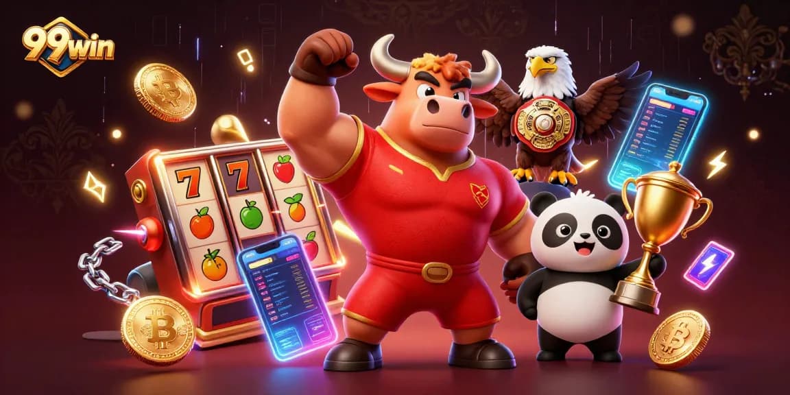 Experience the excitement of 99win with a vibrant 3D scene of casino elements showcasing victories.