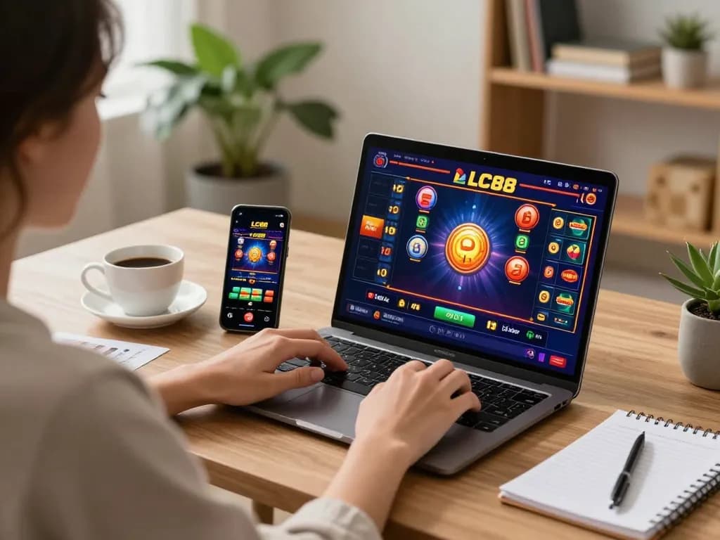 Player engaging with LC88 casino games on a laptop, demonstrating online gaming strategy in a cozy home setup.