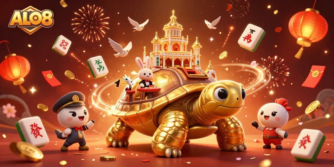 Engage with ALO8's vibrant gambling scene featuring a golden tortoise casino with a rabbit dealer.
