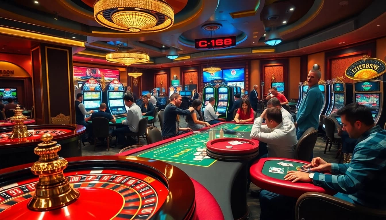 C168 players enjoying a vibrant casino atmosphere filled with roulette and poker excitement.