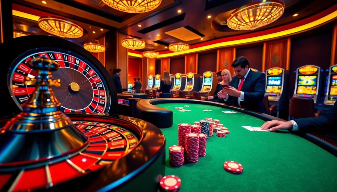 Mint88 gambling excitement with participants at a poker table and roulette wheel under warm lighting.