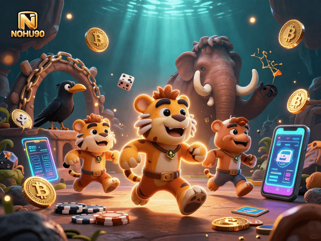 Join NOHU90 in an exciting prehistoric casino adventure with crypto elements and colorful game symbols!