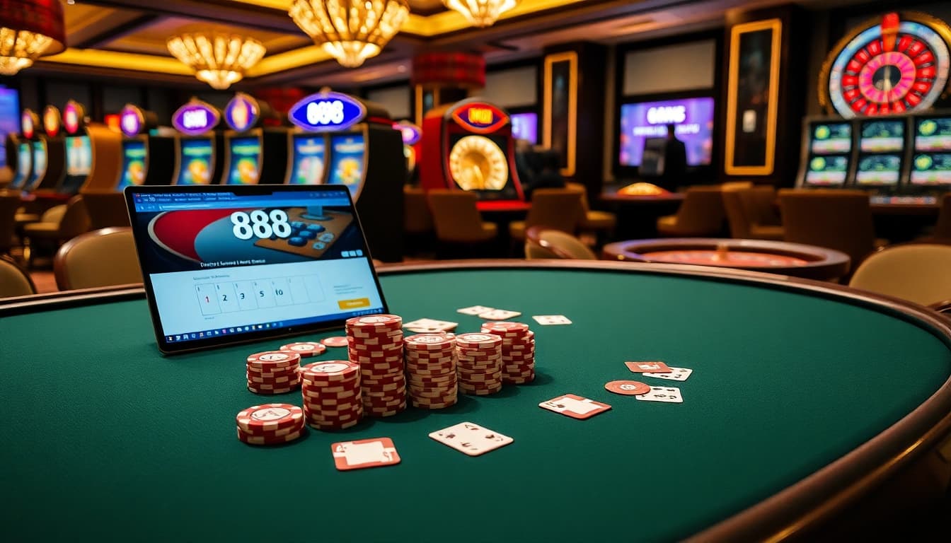 Engage in thrilling gameplay at 888b's luxurious casino, featuring poker tables, roulette wheels, and vibrant betting slips.