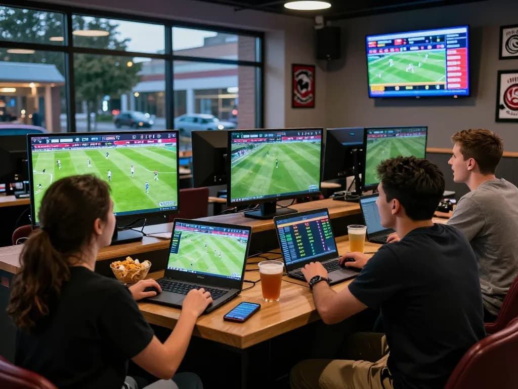 Exciting moment at https://vaobong1gom.cn.com/ with couple enjoying sports betting, monitors showing live soccer match and betting odds, vibrant gaming lounge atmosphere.