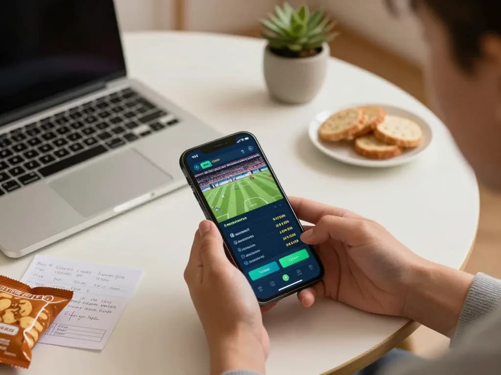 Place your debet sports bets actively using a smartphone in a cozy, modern setting