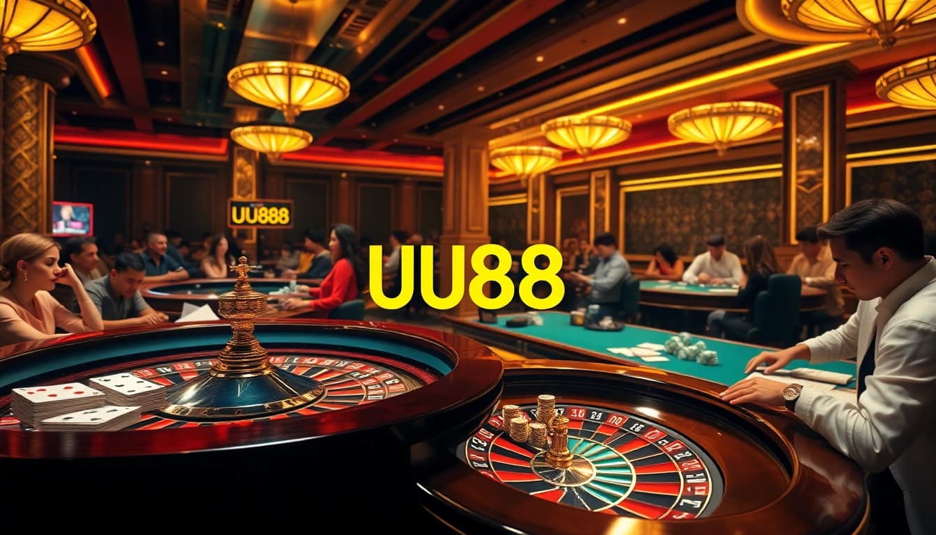 Experience thrilling action with UU88 at a vibrant casino scene featuring roulette and poker games.