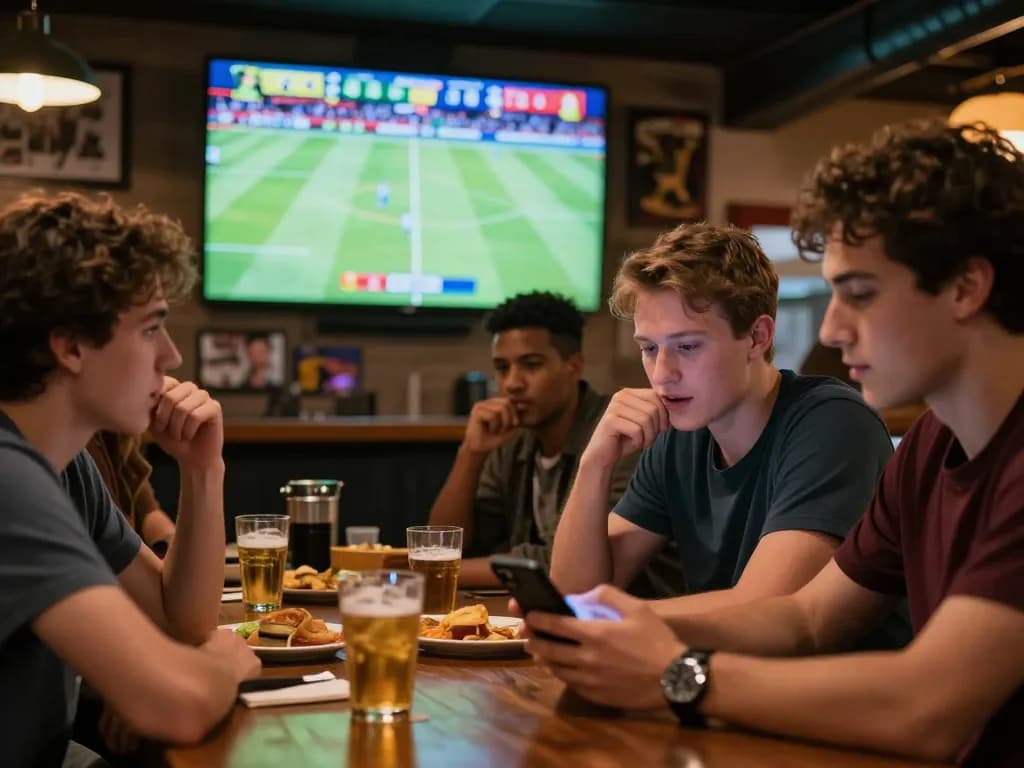 Live sports betting action with friends tracking ผลบอล on smartphone during an exciting match.
