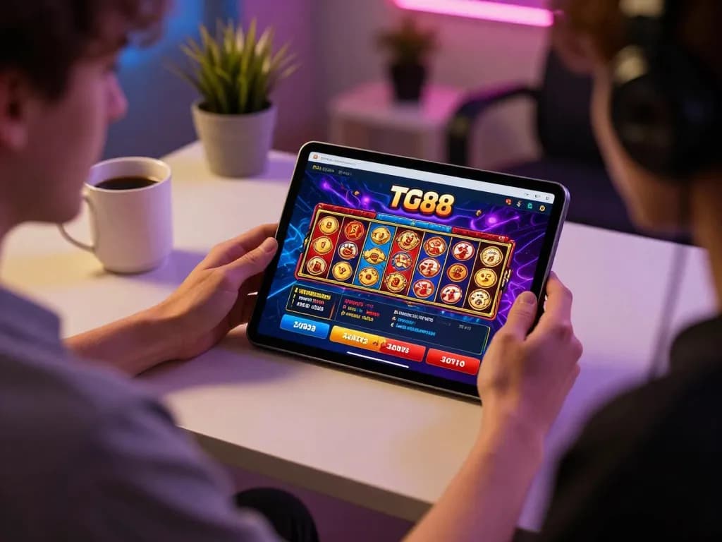 Engaging in online gambling with tg88 on a tablet, showcasing exciting game options in a cozy setting